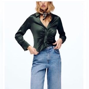Zara fitted satin effect emerald green ruched top NWT